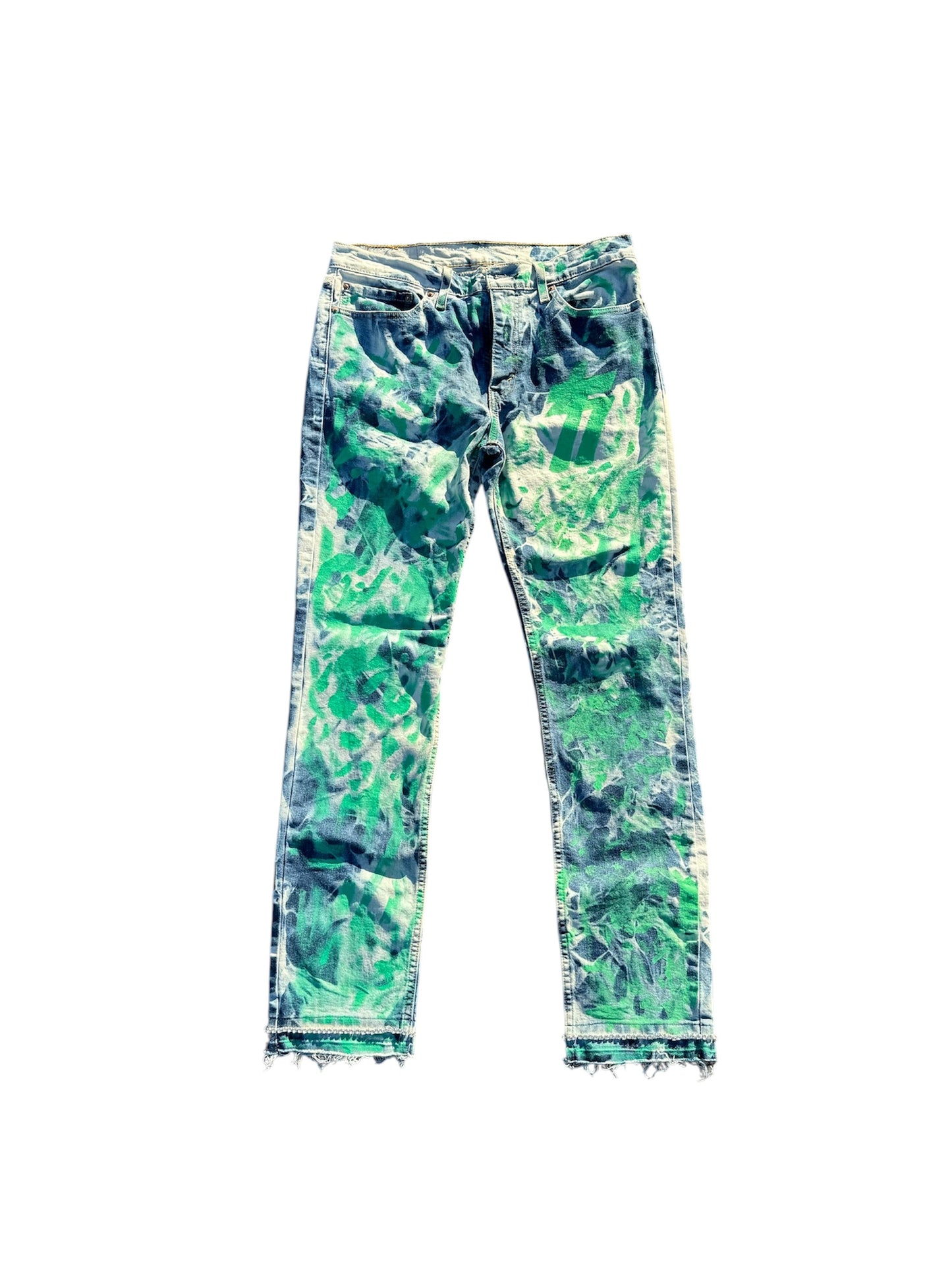 BLEACH-WASHED EMBELLISHED/PAINTED STRAIGHT LEG DENIM