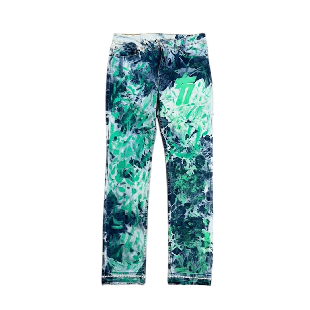 BLEACH-WASHED EMBELLISHED/PAINTED STRAIGHT LEG DENIM